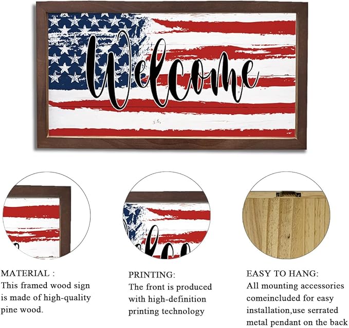 American Flag Welcome Sign, Front Door Wall Decors, Patriotic American Home Decor, Porch Decoration, Housewarming Decoration, Rustic Farmhouse Wooden Framed Wall Decor 15×7.5×0.3 inches