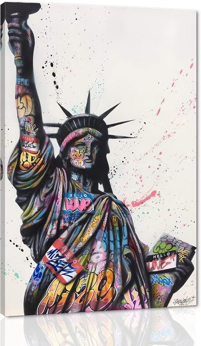 Graffiti Statue of Liberty Canvas Wall Art Large Patriotic USA Wall Decor Colorful American Freedom Street Art Print for Living Room Bedroom Office Ready to Hang 28x44 inch