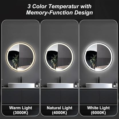 DUMOS 28 Inch Round LED Bathroom Mirror with Lights, Circle Vanity Mirror with Anti-Fog, Dimmable, 3-Color Light, Front Light and Backlit, Memory Function, Tempered Glass