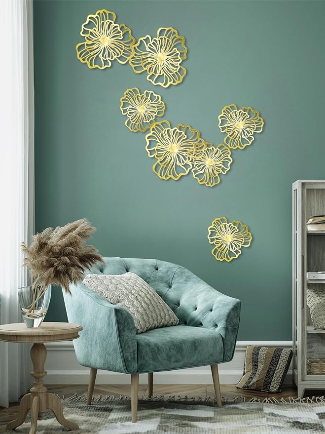 7 Piece Metal Wall Decor for Living Room, Boho Double Layered Iron Flower Wall Hanging Art, Aesthetic Indoor Metal Wall Sculpture Decor for Bedroom Kitchen Bathroom Farmhouse Home Office, Gold