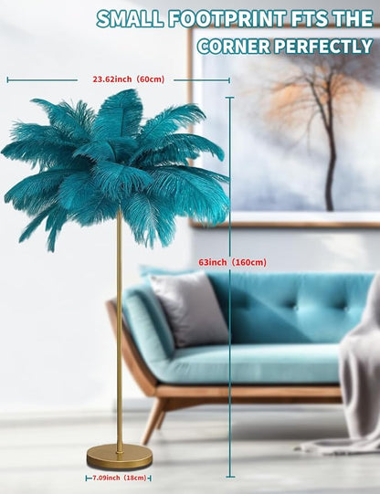 Feather Floor Lamp,Fluffy Ostrich Feather Floor Lamp for Bedroom,3 Color Temperatures Led Corner Modern Floor Lamps for Living Room Christmas Home Decor House Warming Gifts,63″ Height,50 Piece(Blue)