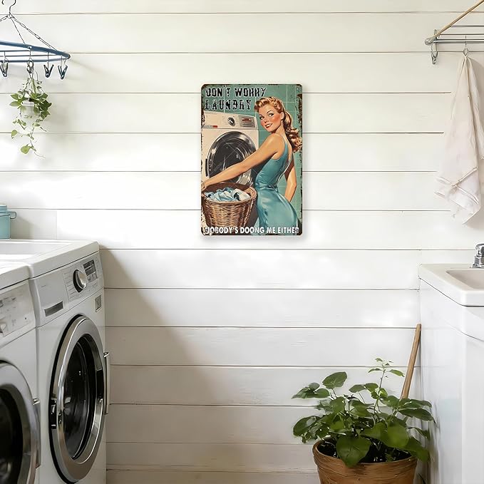 Don't Worry Laundry Vintage Tin Sign Funny Sarcastic Retro Housewife Design Mom Laundry Room Wall Decor 16x12 Inch