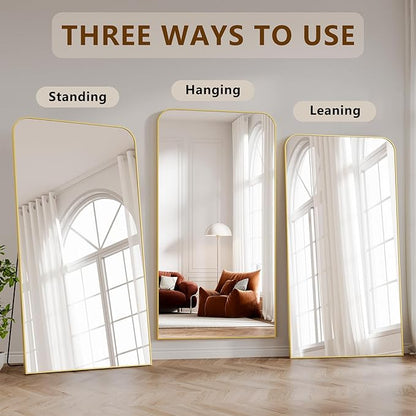Koonmi Full Length Mirror, 86"x40" Mirror Full Length with Stand, Gold Domed Top Square-Edged Floor Mirror with Aluminum Alloy Frame for Bedroom Living Room