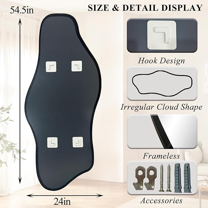 Large Irregular Mirror, 54.5"x24" Asymmetrical Tempered Glass Mirror, Modern Abstract Frameless Mirrors for Living Room Bedroom Hallway Entryway, Hangs Vertically or Horizontally