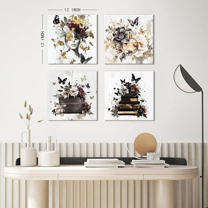 Butterfly Wall Art Black White and Gold Wall Decor Women Bedroom Decor Glam Fashion Pictures Watercolor Flowers Posters Handbag Perfume Paintings Modern Artwork Home Decorations 12x12” 4Pcs