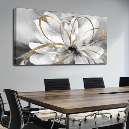 SOUGUAN Flower Wall Room Decor Gold Decoration White Flower Artwork for Living Room Office Dining Room 24x48 Inch