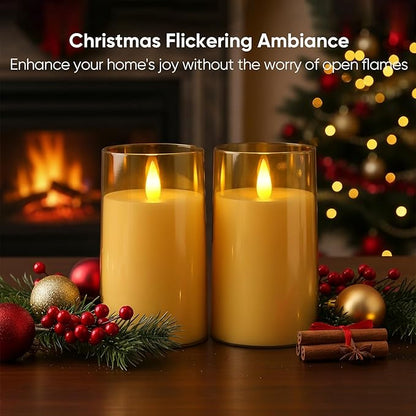 Amagic 3"×5" Gold Flameless Candles with Remote and Timer, Realistic Flickering Battery Operated Acrylic Led Fake Candles for Home Wedding Party Fall Christmas Decor, Set of 2