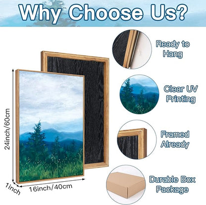 CHDITB Boho Blue Mountain Framed Wall Art Paintings(16"x24"), 3 Panels Blue White Sky Ridge Virginia Landscape Watercolor Canvas Artwork Printings, Large Modern Cloud Trees Nature Posters for Bedroom Living Room