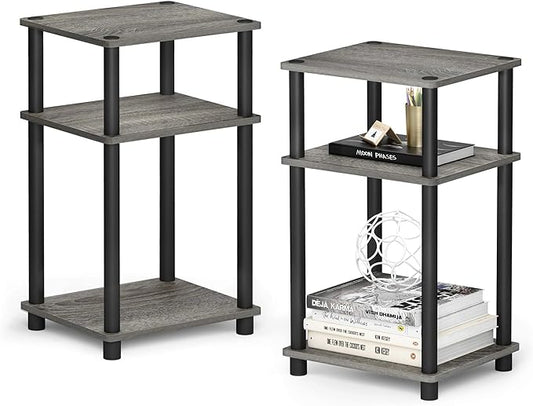 Furinno JUST Side Table Set of 2, 3-Tier Modern End Tables, Open Shelves Night Stand, Nightstand Set, Toolless Assembly, for Living Room, Bedroom, French Oak