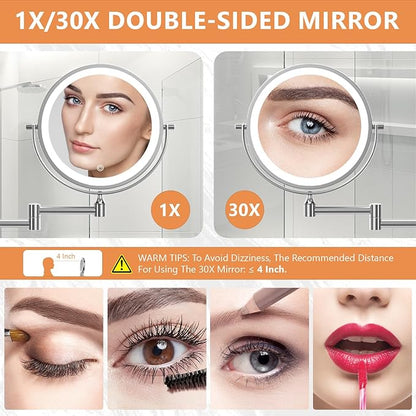 Auxmir 1X/30X Wall Mounted Lighted Makeup Mirror, 8" Rechargeable Double-Sided Magnifying Mirror with Light, Touch Dimmable 3 Color Light, 360° Rotation Foldable Extended Arm, Chrome