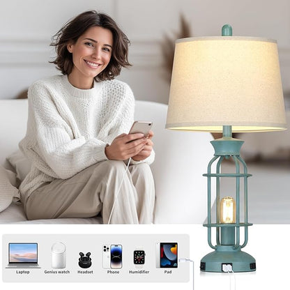 28" Tall Farmhouse Table lamps for Living Room, Vintage Industrial Table Lamp with USB C+A Ports & Outlet, Rustic Bedside Lamps with 2 Nightlight & Linen Fabric Shade for Nightstand Bedrooms Desk Blue