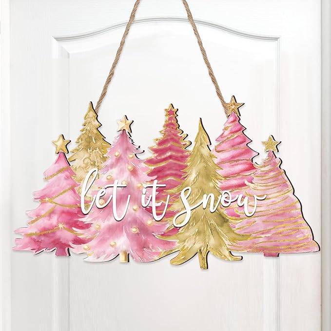 Soaoo Christmas Door Sign Pink Christmas Tree Wood Decor Let It Snow Xmas Wooden Hanging Sign Pink Xmas Tree Decorations Rustic Farmhouse for Front Door Yard Porch Outdoor Home Decor