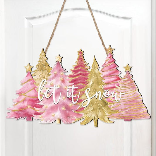 Soaoo Christmas Door Sign Pink Christmas Tree Wood Decor Let It Snow Xmas Wooden Hanging Sign Pink Xmas Tree Decorations Rustic Farmhouse for Front Door Yard Porch Outdoor Home Decor