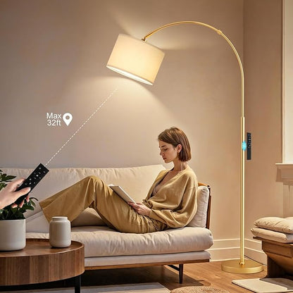 Ambimall Dimmable Arc Floor Lamp with Remote, Color Temperatures and Brightness Adjustable, Arched Floor Lamp with Rotating Head, Over Couch Arched Reading Light for Living Room (Deep Beige and Gold)