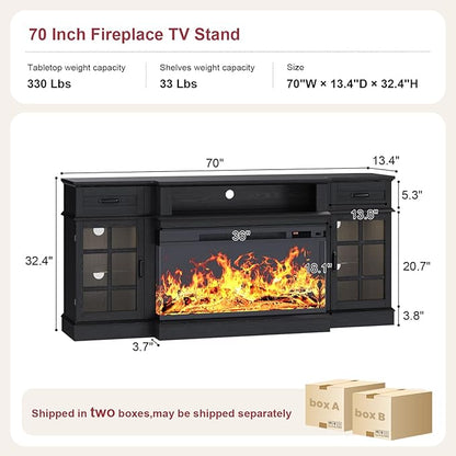70" TV Stand with 36" Electric Fireplace, Entertainment Center Console Table for TV up to 80'', Fireplace TV Stand with Open Storage Shelves and Glass Door for Living Room, Black