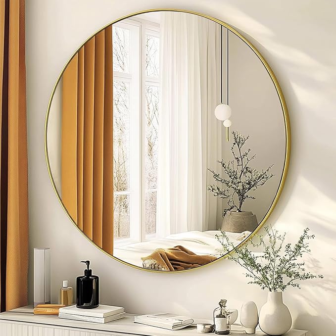 Gold Circle Mirror 30 inch, Round Gold Mirror, Round Wall Mirrors Metal Frame, Circle Wall Mirrors for Bathroom, Living Room, Hallway, Vanity, Over Sink