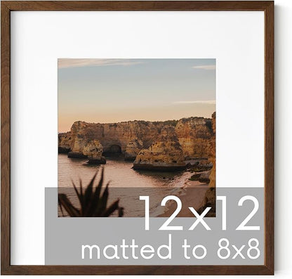 HAUS AND HUES Walnut Oak Wood 12x12 Picture Frame Matted to 8x8 - Square Frame with Plexiglass, Minimalist Wall Display (12x12 in, Walnut, Set of 1)