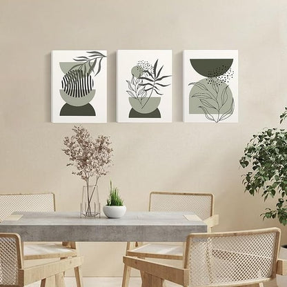 Sage Green Boho Wall Art Set of 3,Minimalist Boho Framed Wall Art Geometric Line Leaf Sun Moon Beige Green Canvas Artwork Paintings Wall Decor Living Room,Modern Abstract Sage Green Boho Wall Decor for Room Bathroom Office,12"x16"
