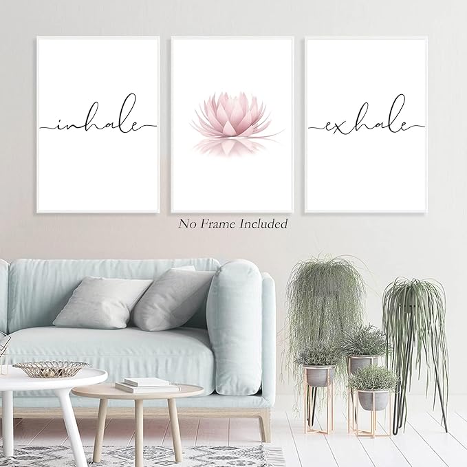 Pennclys Inhale Exhale Wall Art Zen Canvas Decor Yoga Lotus Wall Art Calming Meditation Artwork Pink Yoga Poster Zen Pictures Painting for Living Room Bedroom 24x36 Inch Unframed Set of 3