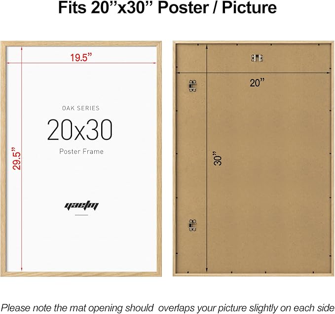 Yaetm Minimalist 20x30 Oak Wood Frame for Poster, Natural Solid Wood 20x30 Picture Frame for Wall, Lightweight, Wall Decor for Office, Gallery & Home (Single, Oak)