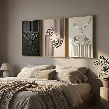Framed 3D Textured Boho Neutral Abstract Wall Art for Bedroom, 3 Piece Mid Century Modern Artwork for Walls, Creamy White Brown Relief Sculptures for Diningroom Hallway Wall Decor 16x24 In
