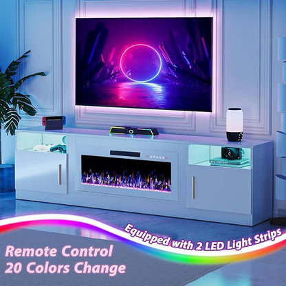 TAVATA Fireplace TV Stand with 36" Fireplace, 80" TV Stand with LED Light for TVs Up to 90", Entertainment Center Console Table with Highlight Storage Cabinets (White and White)