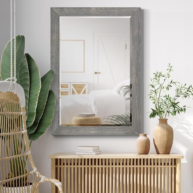 Renditions Gallery Horizontal Gray Wood Frame Vanity Body Mirror Rustic Farmhouse Rectangular Decorative Wall Mounted Aesthetic Mirror for Bedroom Living Room Bathroom - 41"x29" LT07
