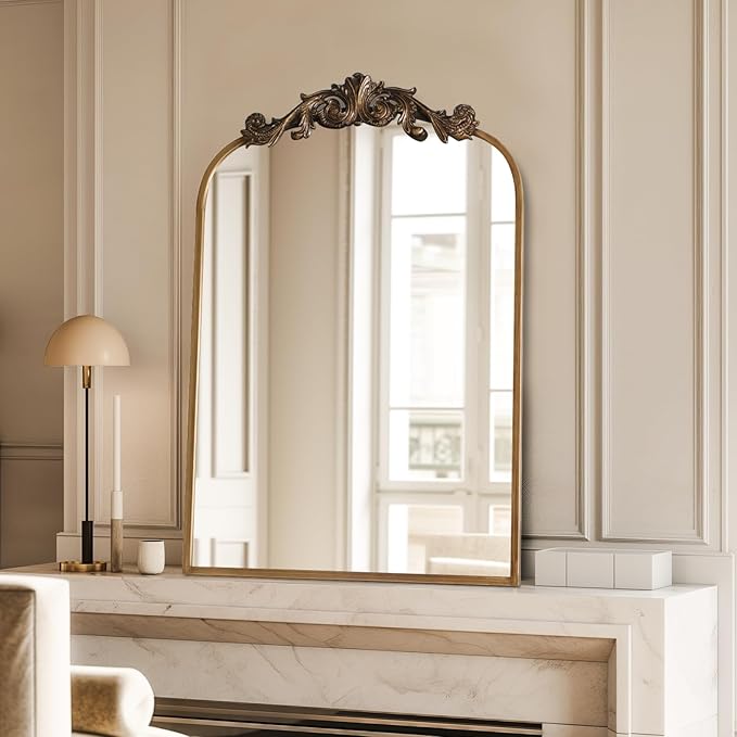 USHOWER Gold Anthropologie Vintage Mirrors for Wall, 24" x 36" Antique Baroque Style with Ornate Frame, Arched Brass Decoration for Fireplace, Bathroom, Living Room, Entryway Remodel