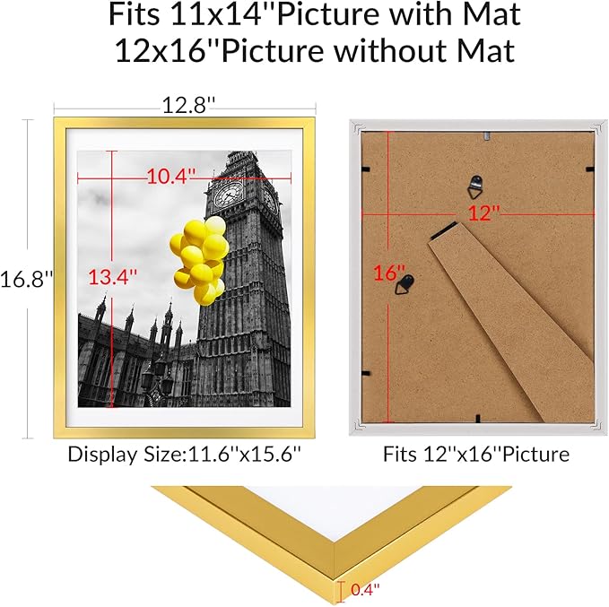 12x16 Picture Frame Set of 6, Display Pictures 11x14 with Mat or 12x16 Without Mat,Wall Gallery Photo Frames, Polished Gold