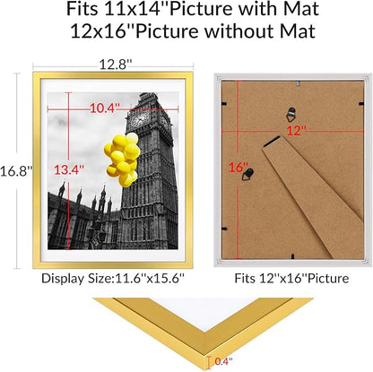 12x16 Picture Frame Set of 6, Display Pictures 11x14 with Mat or 12x16 Without Mat,Wall Gallery Photo Frames, Polished Gold