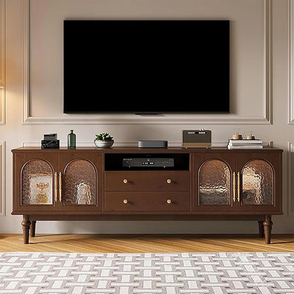 TV Stand TV-Console Table, Solid Wood TV Stands, 59×15.7×22.8in, Tempered Glass Door, Modern Entertainment Center, Tv Cabinet with Drawers, TV Table, for Living Room, Bedroom(Black B)
