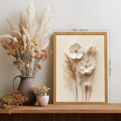 HLXRAE Minimalist Beige Floral Canvas Wall Art, Neutral Farmhouse Wall Decor, Wood Framed Vintage Botanical Poster Prints, Modern Flower Aesthetic Pictures for Bathroom Living Room Bedroom 16"x24"x3