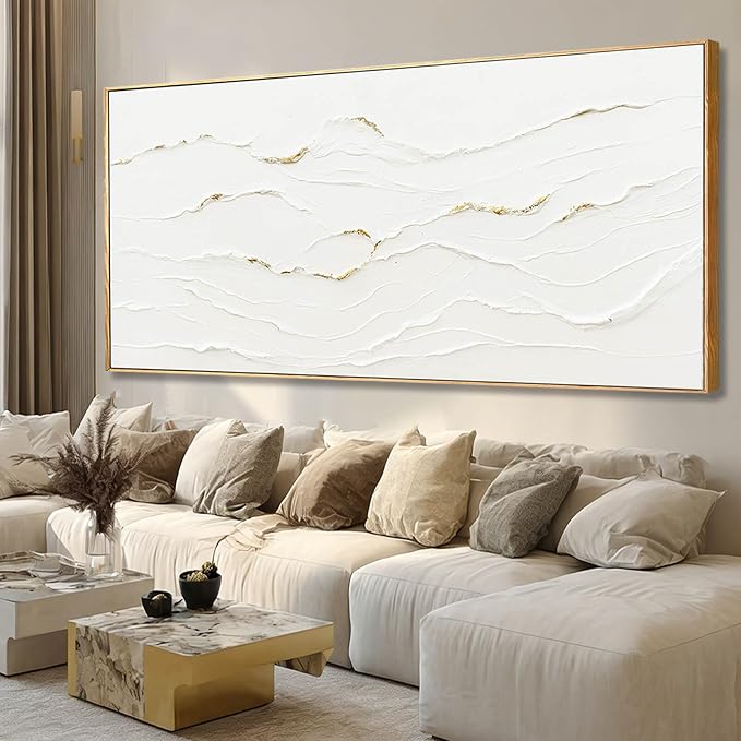 WINKAILIN Minimalist White and Gold Textured Canvas Wall Art Modern Abstract Line Artwork for Living Room Bedroom Office Neutral Home Decor 40x88 Inch