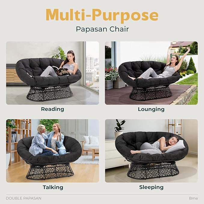 Bme Double Papasan Chair, 600lbs Capacity, Ergonomic Design, Soft Thick Fabric Cushion, Bee-Designed Base, Durable Steel Frame, 61", Onyx Stone - Black Base