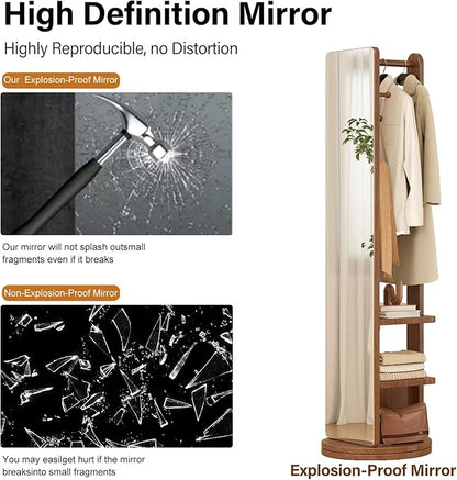 WoodsWhisper Full Length Mirror Coat Rack Solid Wood Floor Mirror 66"x12" Full Length Mirror with Stand Long Mirrors for Bedroom,Living Room (Walnut Brown, 70" L x 16" W)