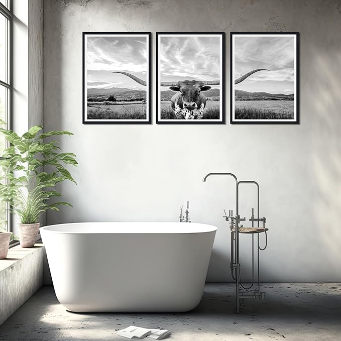 3 Pieces Highland Cow Framed Canvas Wall Art Vintage Gray Farmhouse Cow Picture for Bathroom Wall Decor Animal Print Artwork for Country House Living Room Decoration Easy to Hand 16x24inchx3pcs