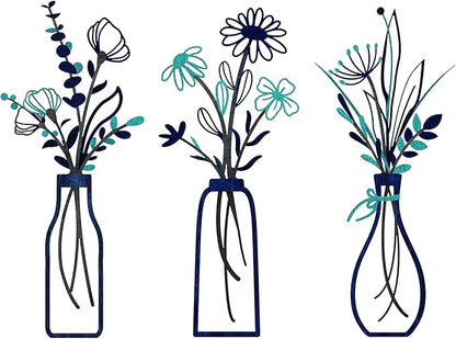 Nonforgetta Metal Flower Wall Art Set of 3 – Minimalist Farmhouse Vase Wall Decor, 3D Metal Sculpture for Living Room, Bathroom, Bedroom & Dining Room – Housewarming Gift