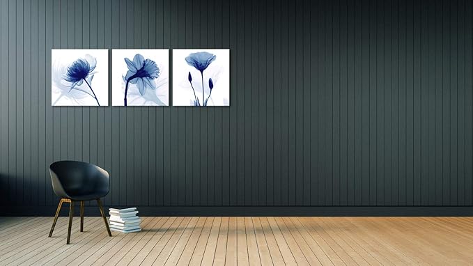Wieco Art Blue Flowers 3 Panels Canvas Print Wall Art Modern Pictures Artwork for Living Room Bedroom and Home Decorations