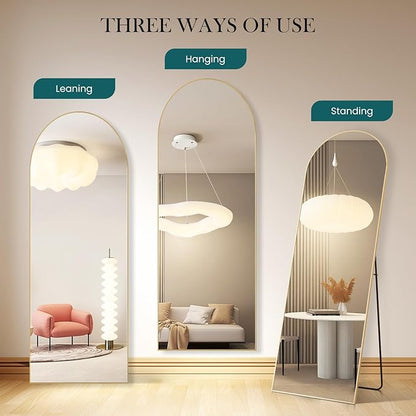 NEWBULIG Arched Mirror Full Length, 64"x21" Body Wall Mirrors with Shatter-Proof Glass, Upgraded Floor Standing Mirror, Hanging or Leaning, with Stand Aluminum Alloy Frame for Home Decor, Gold