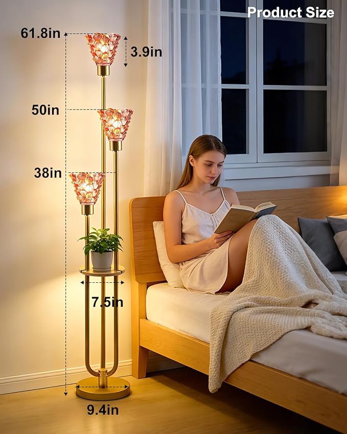 3-Light Modern Glass Floor Lamp with Shelf, Gold Tall Standing Lamp with Deep Red Flower Glass Shade, LED Floor Lamp with Foot Switch& 5Lbs Heavy Base for Living Room Bedroom, Bulb Included