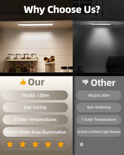 4Pack 16inch Under Cabinet Lighting, Rechargeable Motion Sensor Light Wireless Indoor, Dimmable 3 Color Temps Closet Lights, Under Counter LED Lights for Kitchen, Stairs
