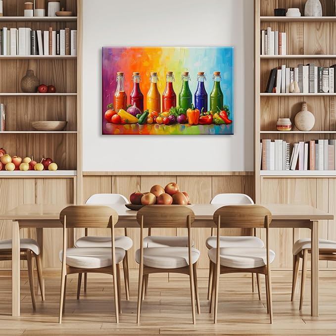 OAAPITI Kitchen Canvas Wall Art Colorful Spices Seasoning Bottle And Vegetable Picture Print Abstract Contemporary Modern Artwork Home Decoration Ready To Hang(Artwork-5,20"x30")