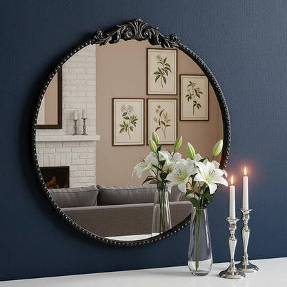 ZIYOO Vintage Baroque Round Wall Mirror 24"x24", Black Ornate Carved Frame Decor Mirror for Entryway Living Room Bedroom Hallway (Black Metal,24"x24")