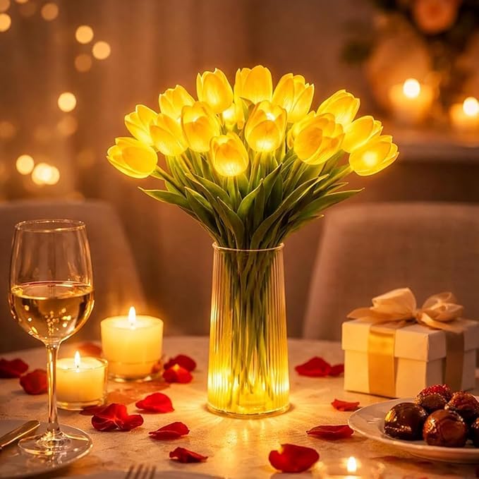 Radiant Romantic Tulip Night Light,15 PCS Twinkling Artificial Flower Shaped Ambient Night Lamp,Women LED Lighted Tulips Tree that Never Fade for Bedroom Bedside Bouquet Decor (White(Without Vase))
