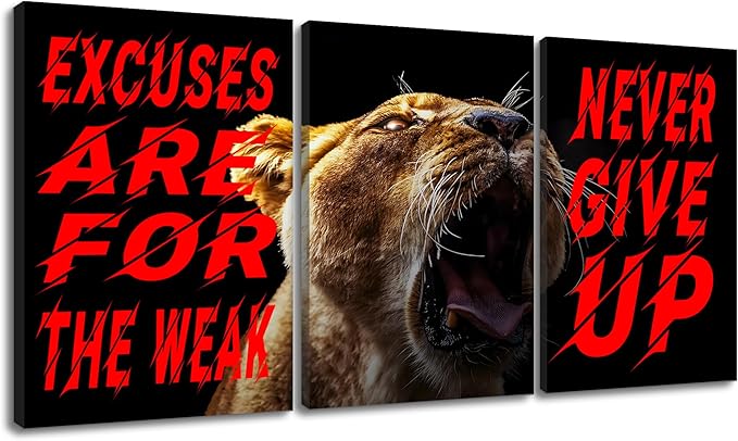 Never Give up Motivational Painting 3 Pieces Canvas Print Inspirational Office Decor Excuses Are for the Weak Inspiring Quotes Poster Framed for Wall Art Decoration Ready to Hang [60''W x 28''H]