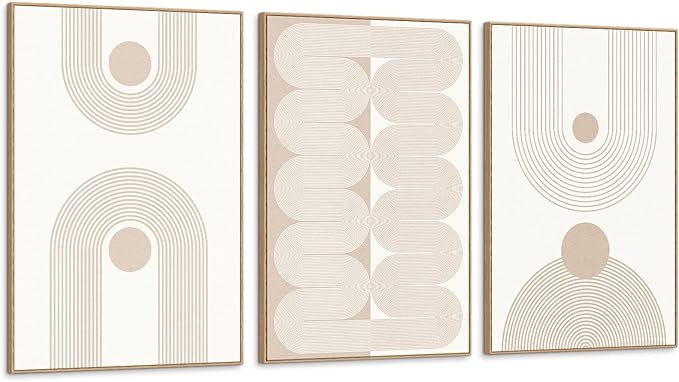 SAFERRYHOME Boho Abstract Wall Art Set of 3, Mid Century Neutral Framed Canvas Print Beige Modern Wall Decor, Geometric Line Artwork for Living Room Bedroom Office,Ready to Hang, 16"x24"