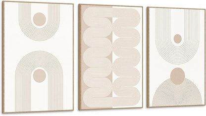 SAFERRYHOME Boho Abstract Wall Art Set of 3, Mid Century Neutral Framed Canvas Print Beige Modern Wall Decor, Geometric Line Artwork for Living Room Bedroom Office,Ready to Hang, 16"x24"