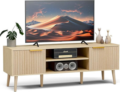 LCRBOL TV Stand for Living Room, Boho Entertainment Center for 55/60 inch TVs, Media Console with Fluted Door Cabinets and Open Shelves, for Bedroom, Oak