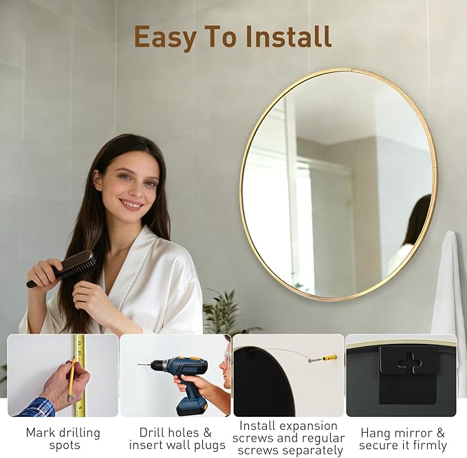 NEWBULIG 36 Inch Round Wall Mirror, Bathroom Mirror for Over Sink, Matte Metal Framed Circle Vanity Mirror, Wall Decor for Bedroom, Entryway, Anti-Rust, Tempered Glass, Hanging or Leaning, Gold