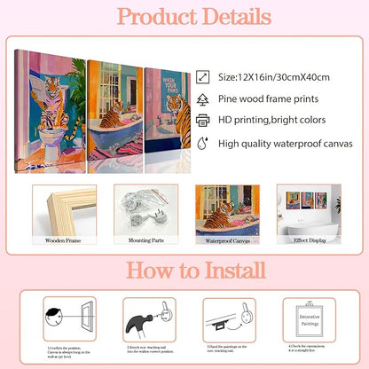 Funny Tiger Bathroom Wall Art Set of 3 Whimsical Tiger in Bathtub Canvas Wall Decor Painting Maximalist Animal Bathroom Poster Print Aesthetic 12x16 inch Framed